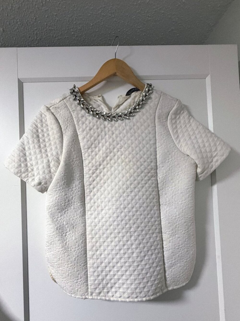 White Quilted Statement Top with Rhinestone Collar